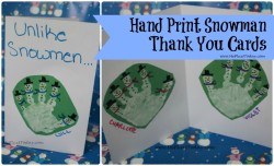 Handprint Snowman Thank You Card - "Unlike snowmen..." - Love the personal touch and the phrase on the inside is perfect! www.MePlus3Today.com