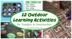 12 Outdoor Learning Activities for Toddlers and Preschoolers - So many great ideas to try during spring and summer! I love the printable from #6! - www.MePlus3Today.com