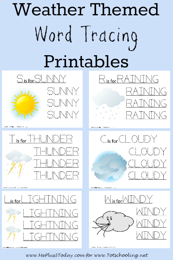 Love these FREE weather-themed word tracing printables! Great idea for a weather learning unit this spring & summer for preschoolers! - www.MePlus3Today.com for Totschooling.net