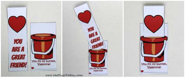 Spread the message of kindness throughout your child's classroom with these Bucket Filler Valentine's Day cards! - Free Printable "You fill my bucket, Valentine!" - "You are a great friend!" Bookmark insert